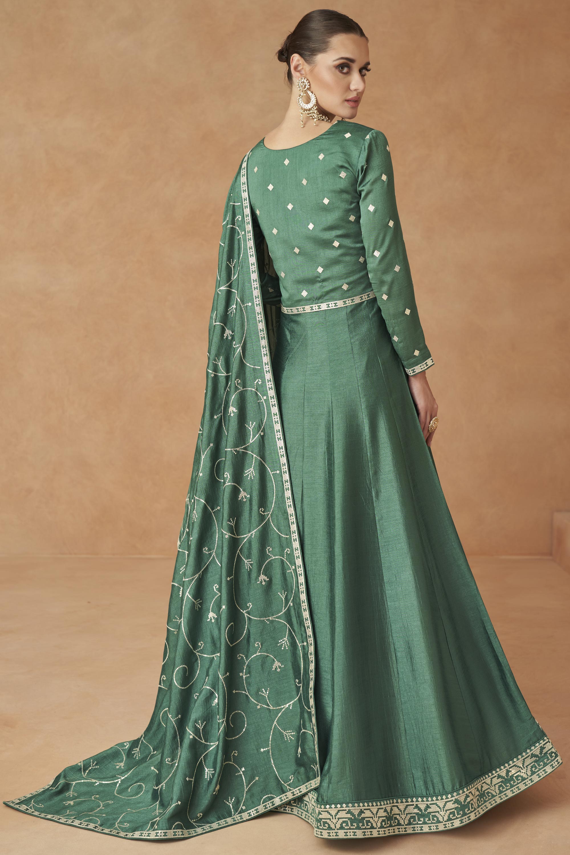 Green Color Georgette Fabric Embroidered Readymade Long Anarkali Style Gown With Dupatta