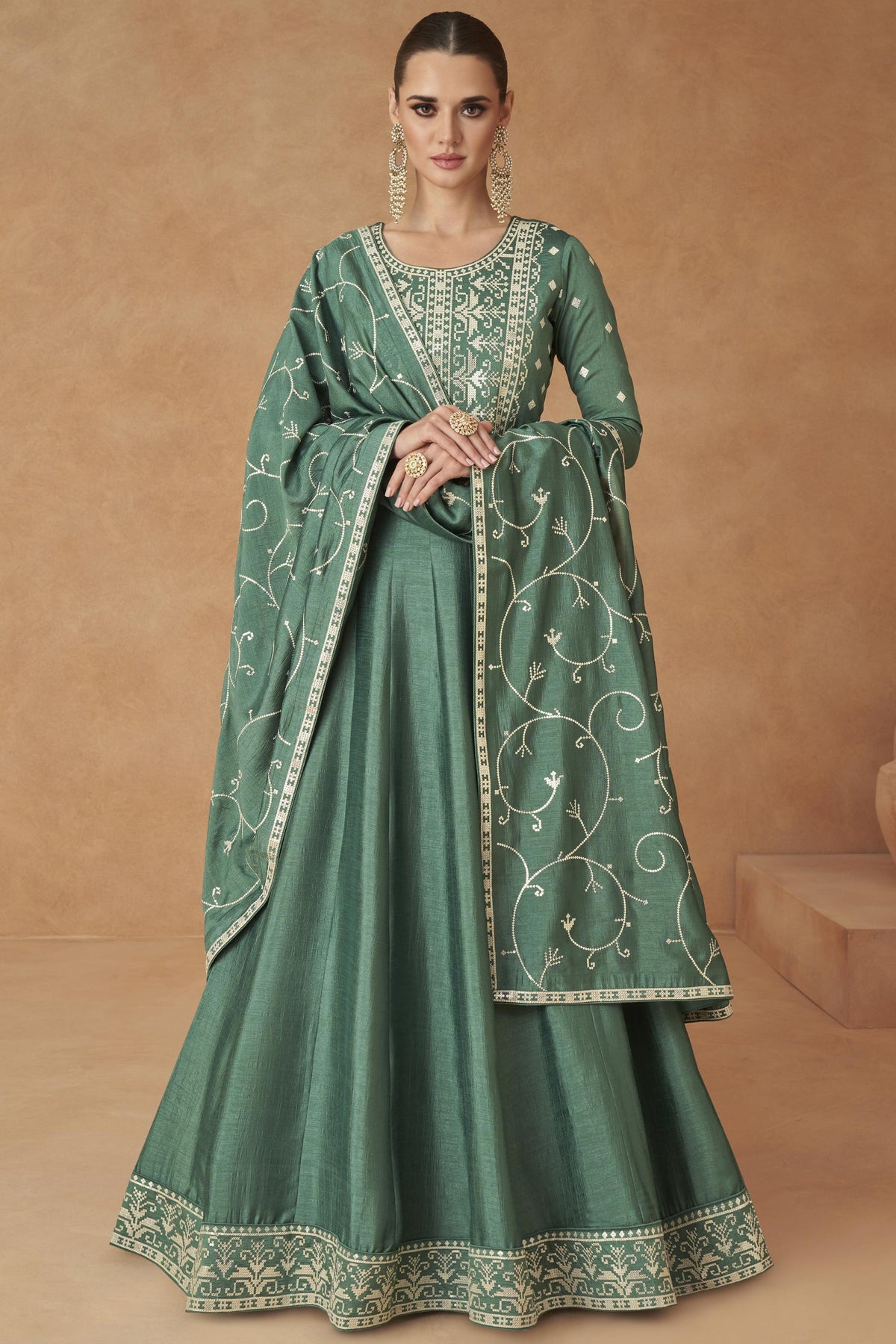 Green Color Georgette Fabric Embroidered Readymade Long Anarkali Style Gown With Dupatta