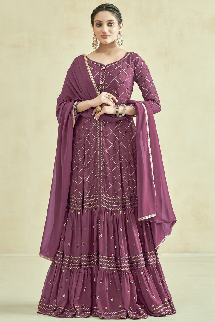 Wine Color Party Wear Embroidered Readymade Long Anarkali Style Gown In Georgette Fabric