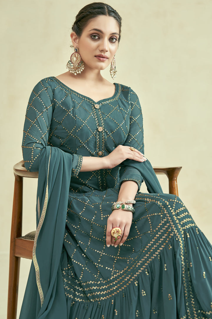 Sangeet Wear Embroidered Readymade Long Anarkali Style Gown In Georgette Fabric Green Color