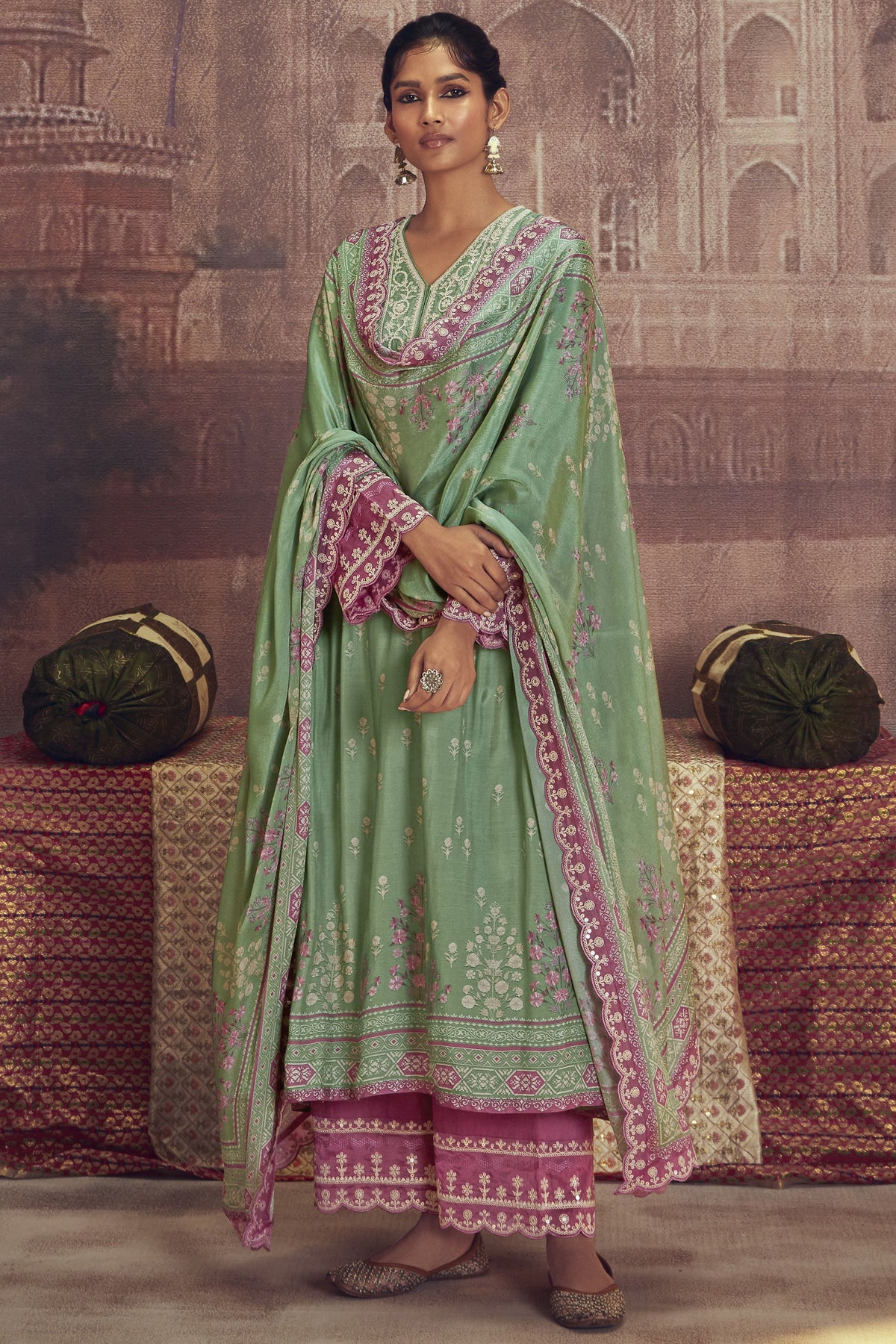 Embroidered Sea Green Palazzo Suit In Muslin Fabric