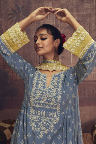 Muslin Fabric Blue Color Party Look Embroidered Palazzo Salwar Suit