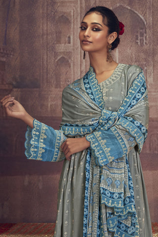 Embroidered Work Grey Color Palazzo Salwar Suit In Muslin Fabric