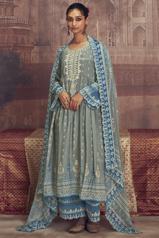 Embroidered Work Grey Color Palazzo Salwar Suit In Muslin Fabric