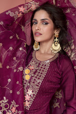 Load image into Gallery viewer, Vartika Singh Wine Color Art Silk Fabric Ravishing Function Wear Palazzo Suit
