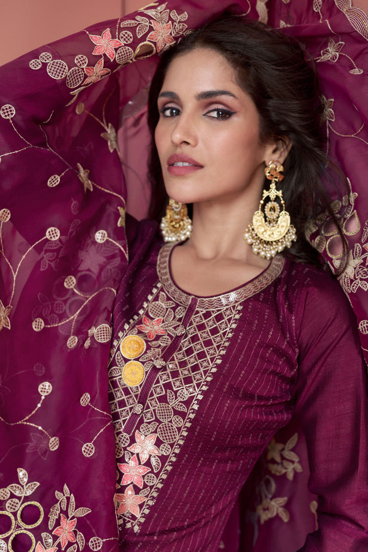 Vartika Singh Wine Color Art Silk Fabric Ravishing Function Wear Palazzo Suit