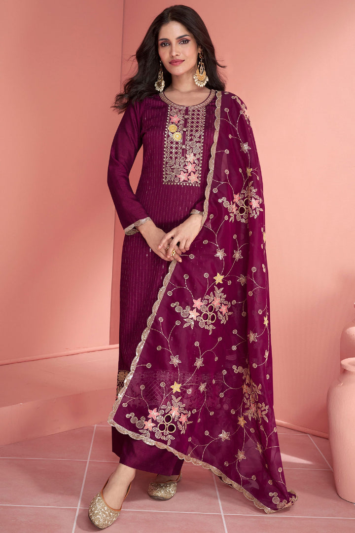 Vartika Singh Wine Color Art Silk Fabric Ravishing Function Wear Palazzo Suit