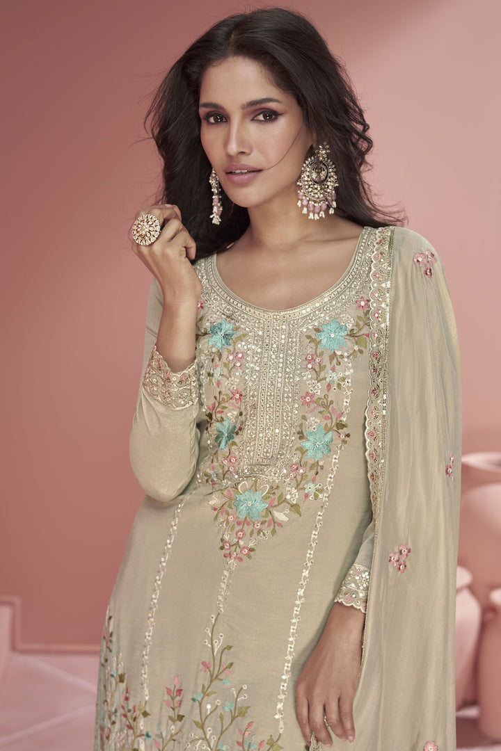 Vartika Singh Beige Color Organza Fabric Charming Readymade Palazzo Suit
