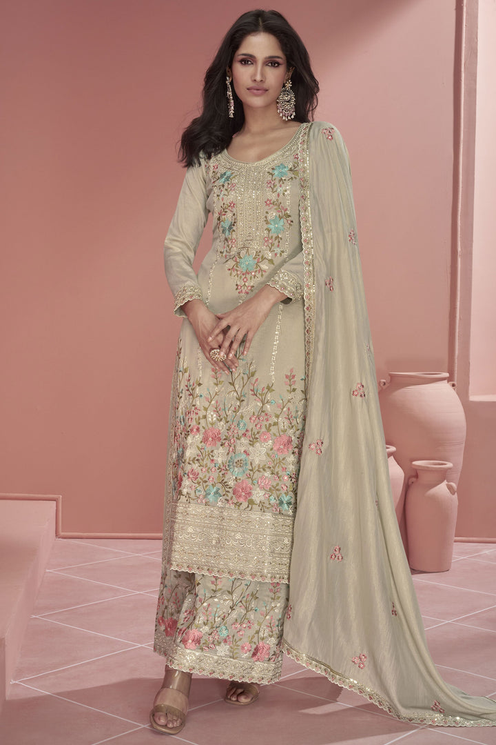Vartika Singh Beige Color Organza Fabric Charming Readymade Palazzo Suit