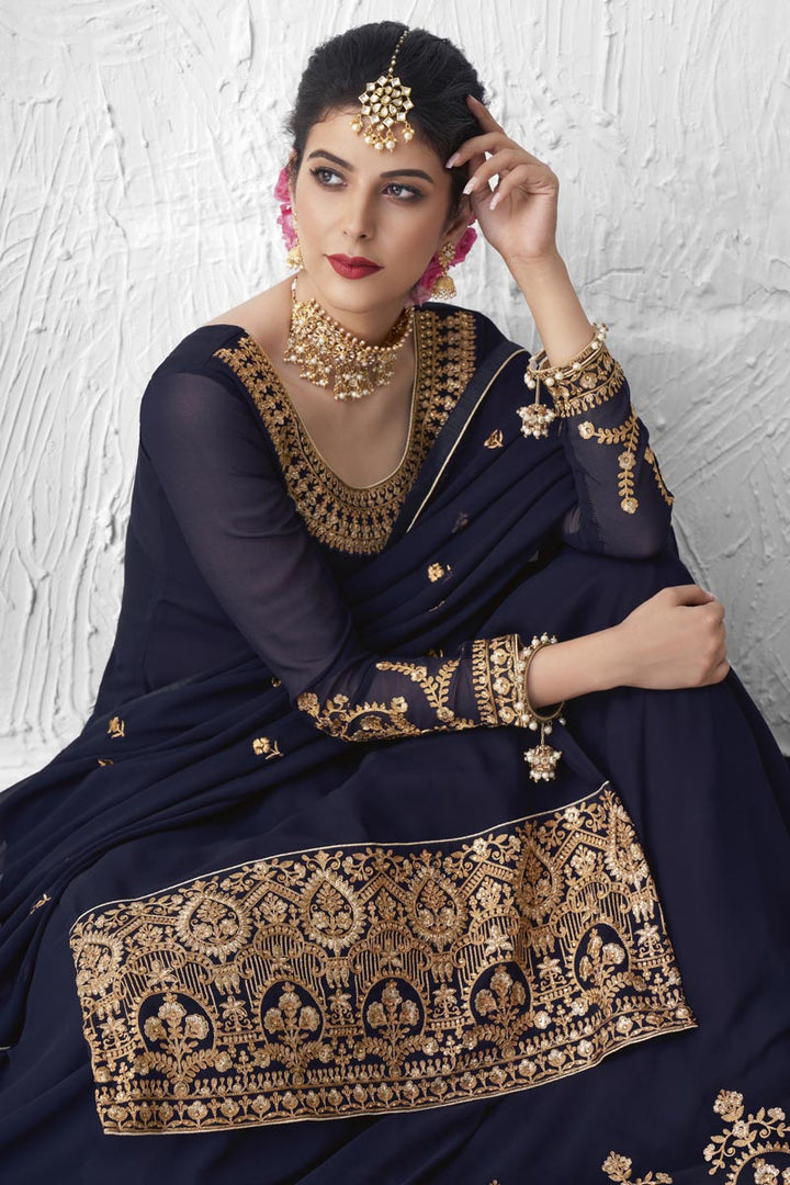 Georgette Designer Party Wear Embroidered Navy Blue Color Sharara Top Lehenga