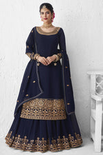 Load image into Gallery viewer, Georgette Designer Party Wear Embroidered Navy Blue Color Sharara Top Lehenga