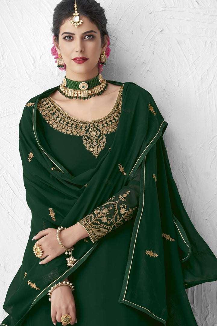 Georgette Designer Party Wear Dark Green Color Embroidered Sharara Top Lehenga
