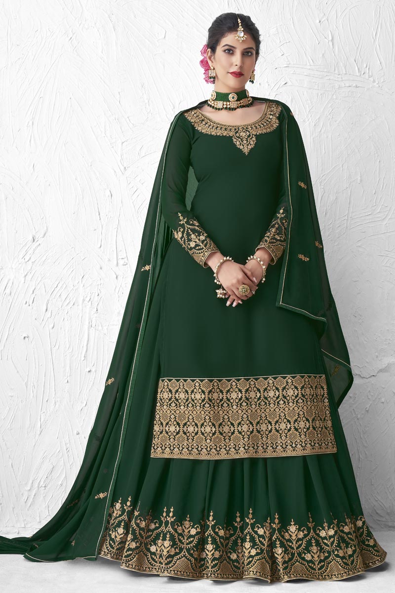 Georgette Designer Party Wear Dark Green Color Embroidered Sharara Top Lehenga