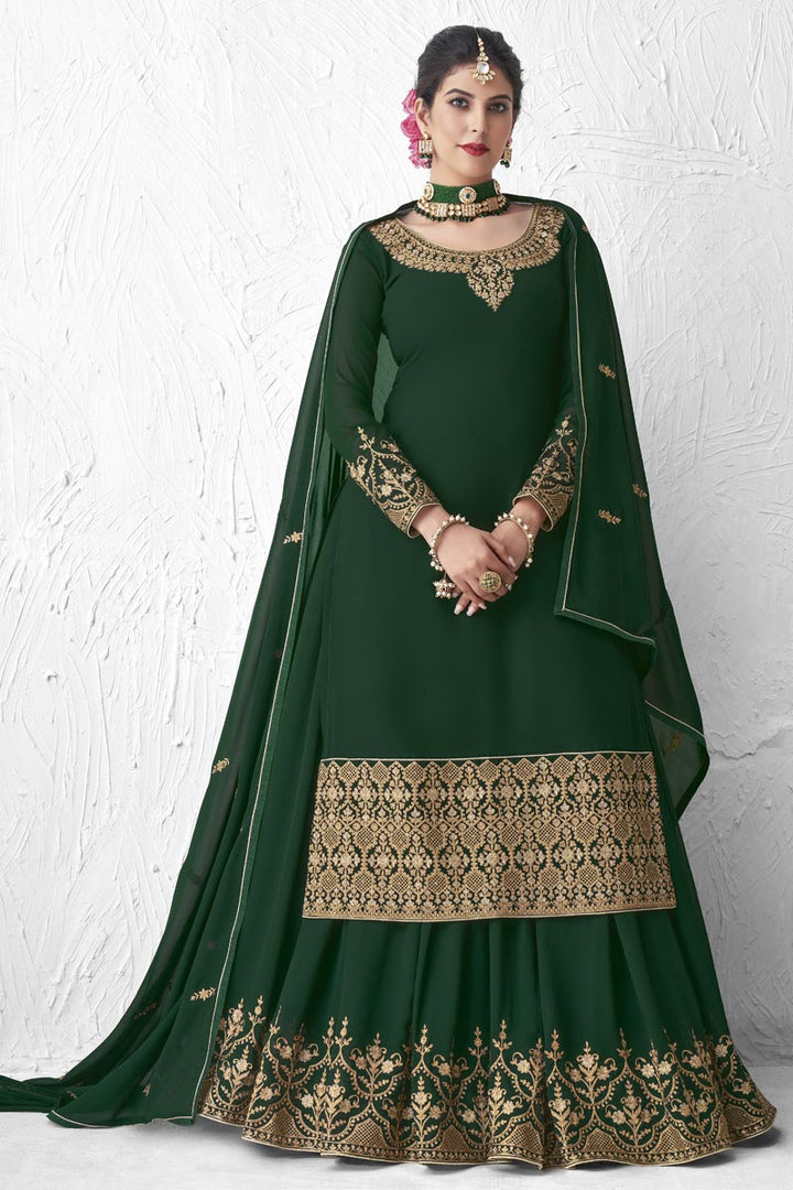 Georgette Designer Party Wear Dark Green Color Embroidered Sharara Top Lehenga