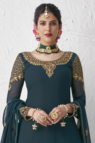 Teal Color Embroidered Designer Party Wear Sharara Top Lehenga In Georgette