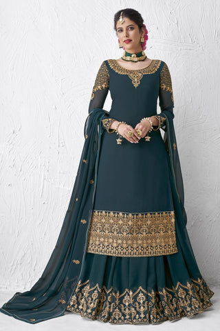 Teal Color Embroidered Designer Party Wear Sharara Top Lehenga In Georgette