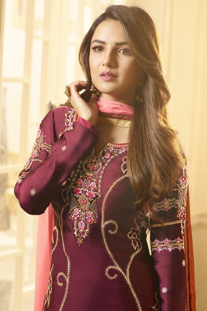 Jasmin Bhasin Georgette Sangeet Wear Maroon Color Embroidered Straight Cut Suit