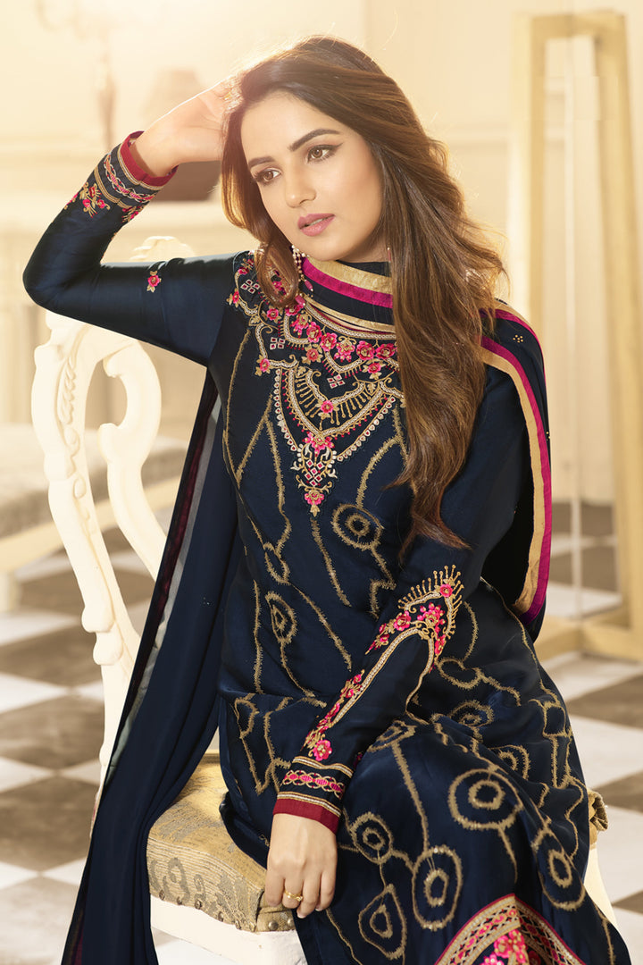 Jasmin Bhasin Sangeet Wear Georgette Navy Blue Color Embroidered Straight Cut Suit