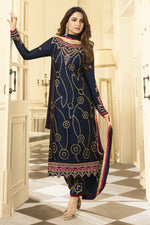 Load image into Gallery viewer, Jasmin Bhasin Sangeet Wear Georgette Navy Blue Color Embroidered Straight Cut Suit
