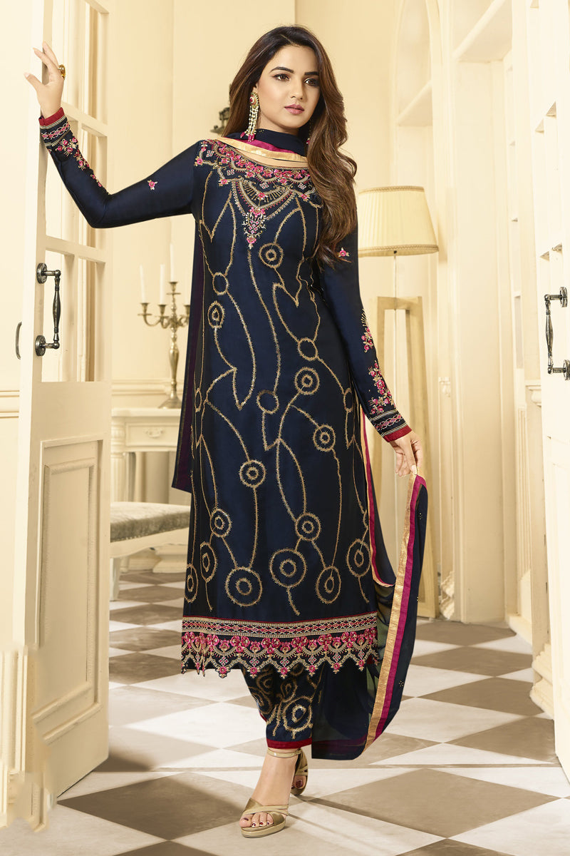 Jasmin Bhasin Sangeet Wear Georgette Navy Blue Color Embroidered Straight Cut Suit