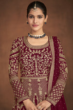 Load image into Gallery viewer, Classic Embroidered Designs On Maroon Color Function Wear Anarkali Suit Featuring Vartika Singh In Georgette Fabric
