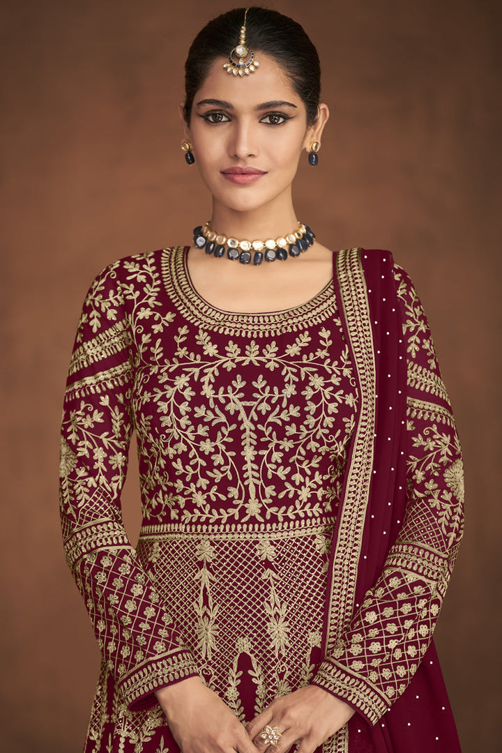 Classic Embroidered Designs On Maroon Color Function Wear Anarkali Suit Featuring Vartika Singh In Georgette Fabric