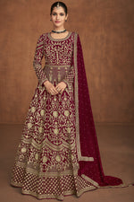 Load image into Gallery viewer, Classic Embroidered Designs On Maroon Color Function Wear Anarkali Suit Featuring Vartika Singh In Georgette Fabric
