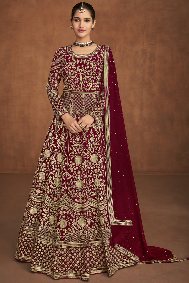 Classic Embroidered Designs On Maroon Color Function Wear Anarkali Suit Featuring Vartika Singh In Georgette Fabric