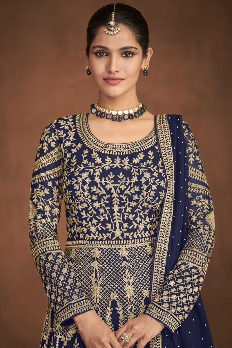 Incredible Embroidered Work On Georgette Fabric Navy Blue Color Function Wear Anarkali Suit Featuring Vartika Singh