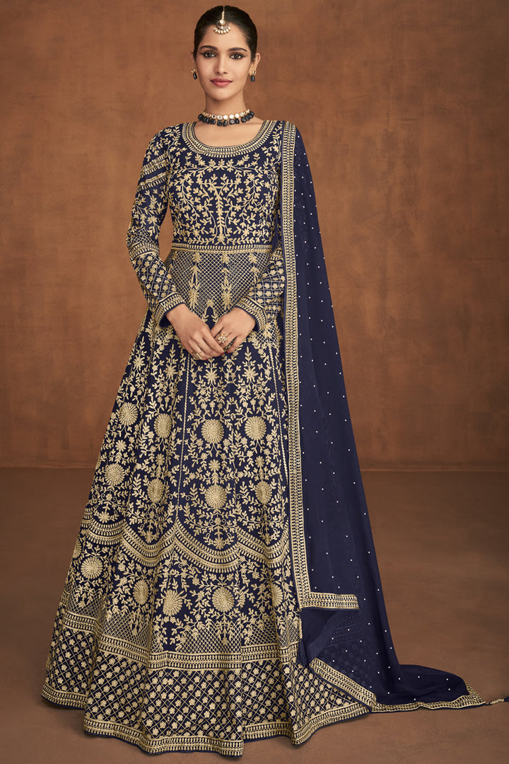 Incredible Embroidered Work On Georgette Fabric Navy Blue Color Function Wear Anarkali Suit Featuring Vartika Singh