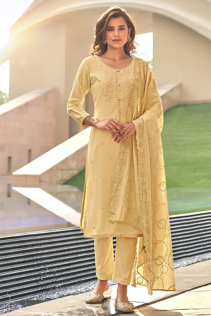 Beige Color Festive Wear Embroidered Fancy Fabric Salwar Suit