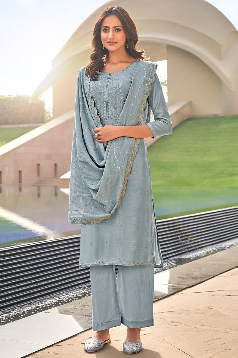 Fancy Fabric Party Wear Grey Color Embroidered Palazzo Suit