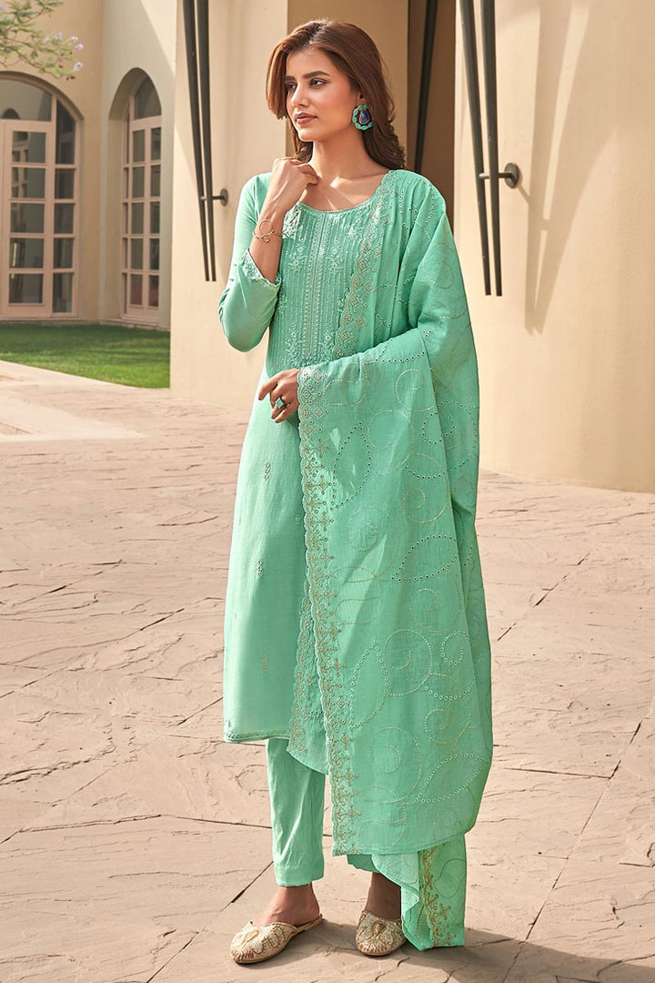 Fancy Fabric Wedding Wear Embroidered Salwar Suit In Sea Green Color