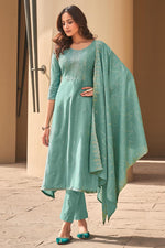 Load image into Gallery viewer, Fancy Fabric Festive Wear Embroidered Cyan Color Salwar Suit
