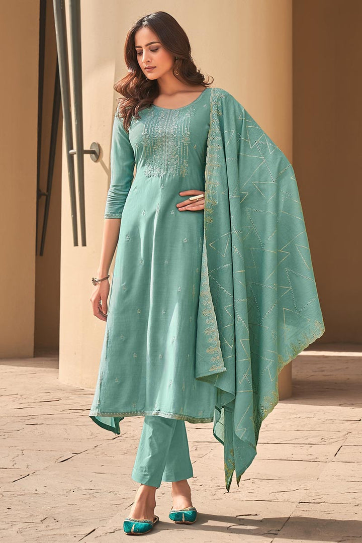 Fancy Fabric Festive Wear Embroidered Cyan Color Salwar Suit