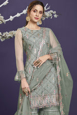 Load image into Gallery viewer, Net Fabric Wedding Wear Embroidered Designer Sharara Suit In Grey Color

