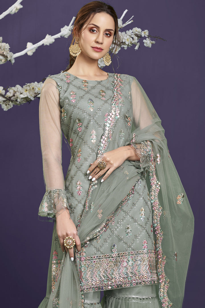 Net Fabric Wedding Wear Embroidered Designer Sharara Suit In Grey Color