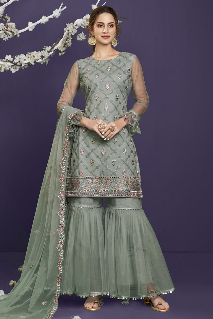 Net Fabric Wedding Wear Embroidered Designer Sharara Suit In Grey Color