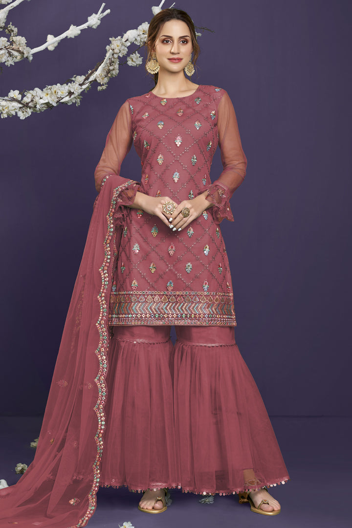Pink Color Net Fabric Fancy Embroidered Function Wear Designer Sharara Suit
