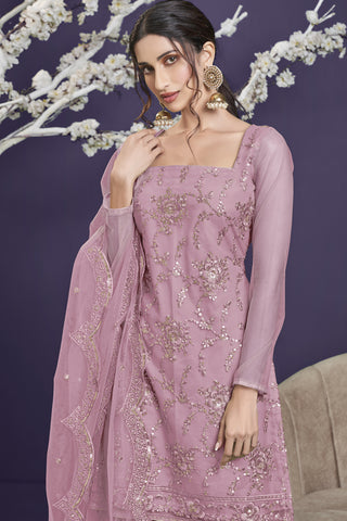 Pink Color Function Wear Embroidered Net Fabric Designer Sharara Suit