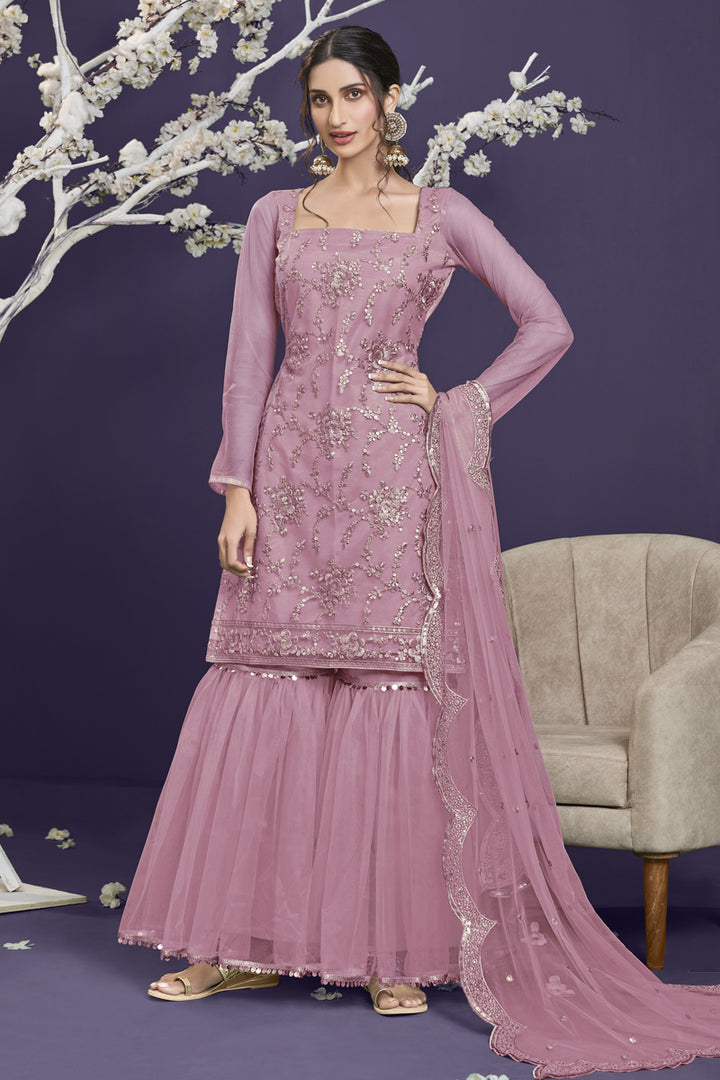 Pink Color Function Wear Embroidered Net Fabric Designer Sharara Suit