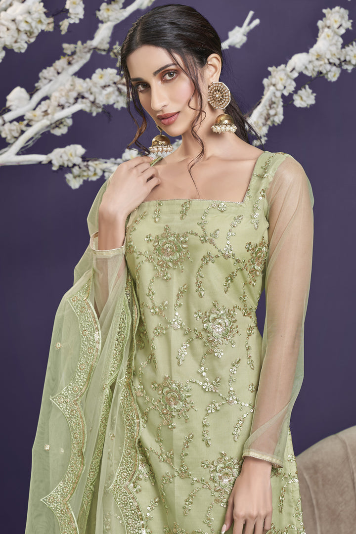 Khaki Color Net Fabric Sangeet Wear Embroidered Designer Sharara Suit