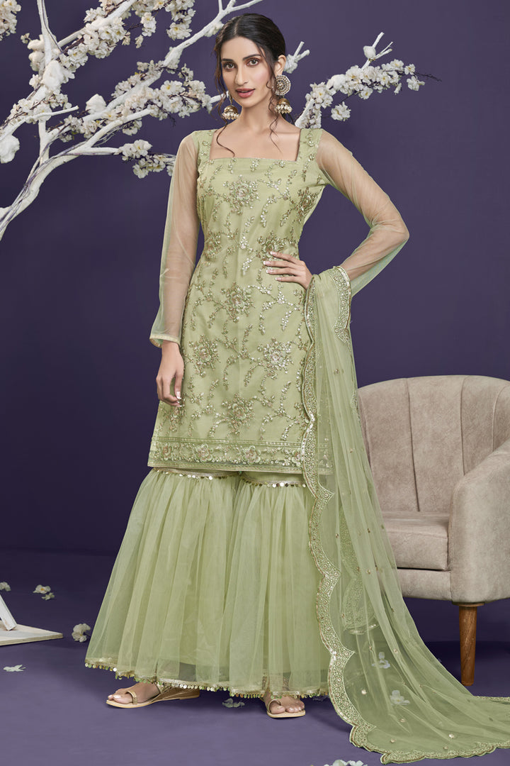 Khaki Color Net Fabric Sangeet Wear Embroidered Designer Sharara Suit