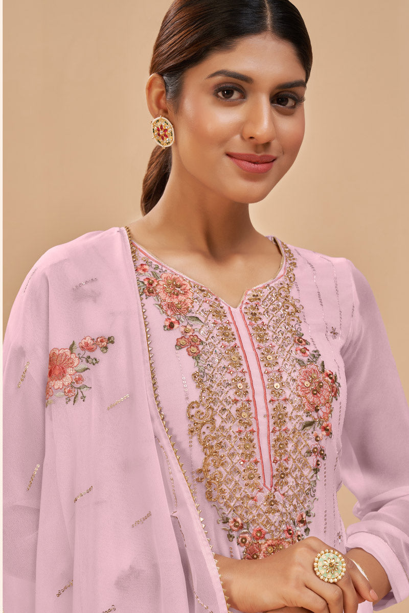 Lovely Embroidered Work Georgette Fabric Pink Color Casual Wear Straight Palazzo Suit