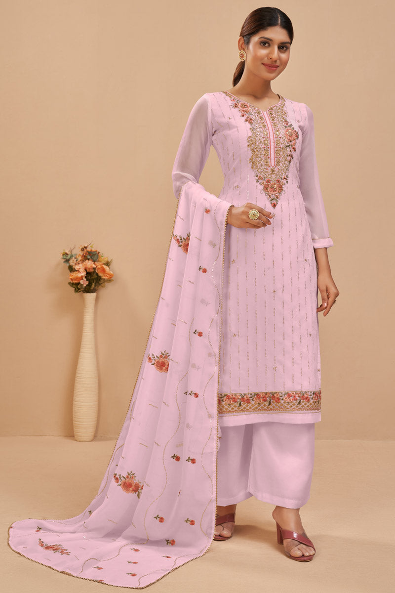 Lovely Embroidered Work Georgette Fabric Pink Color Casual Wear Straight Palazzo Suit