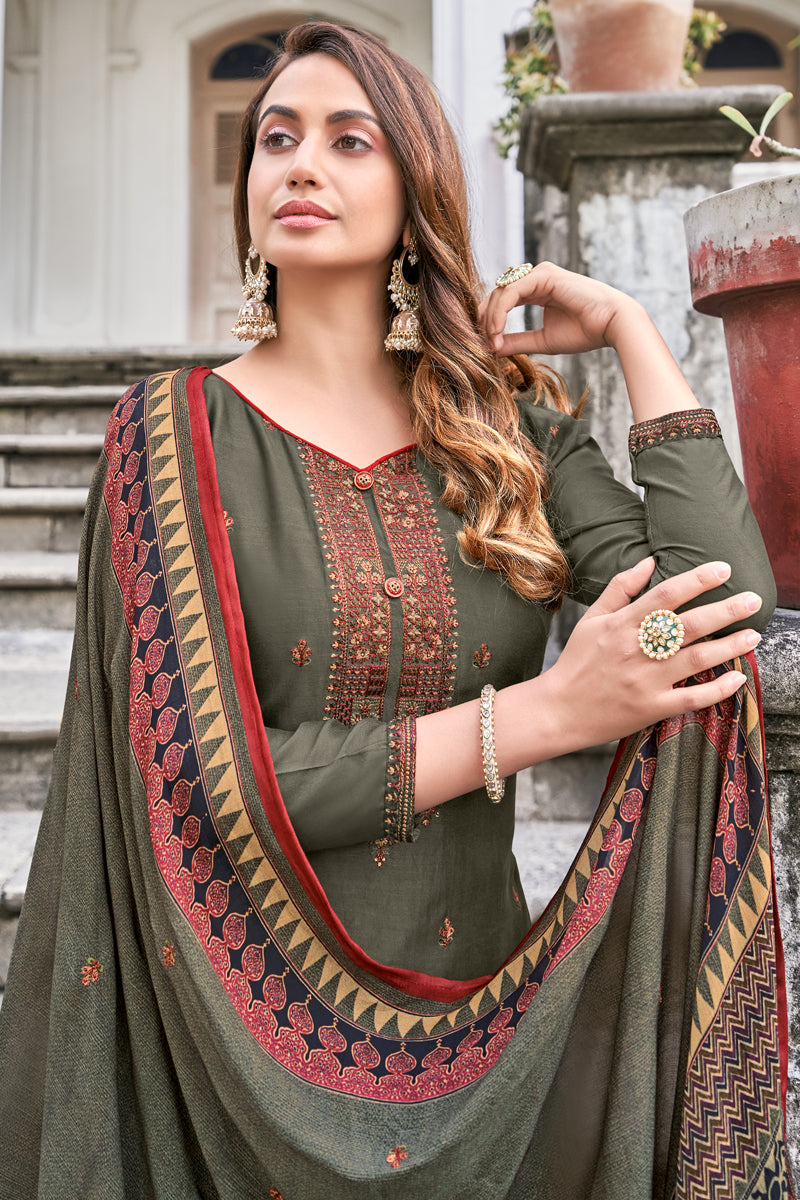 Festive Wear Dark Beige Color Embroidered Fancy Fabric Salwar Suit