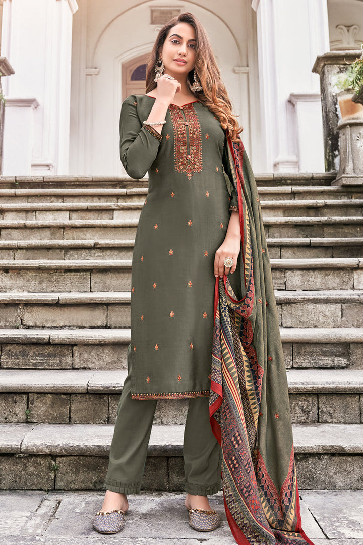 Festive Wear Dark Beige Color Embroidered Fancy Fabric Salwar Suit