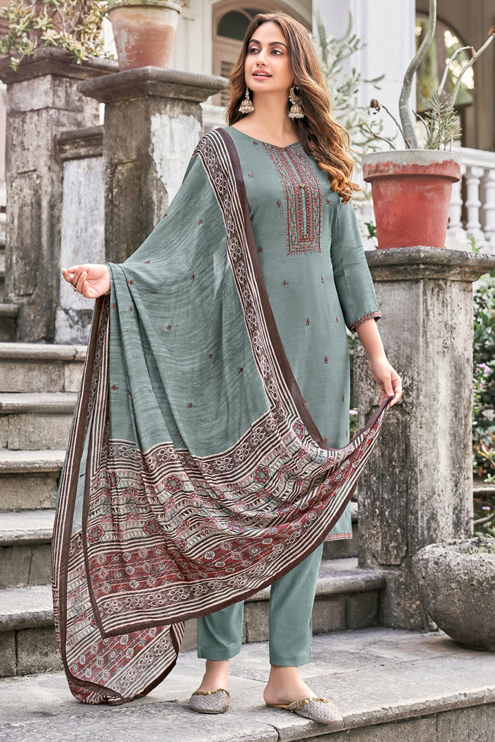 Fancy Fabric Function Wear Embroidered Grey Color Salwar Suit