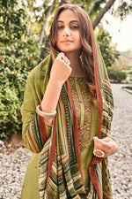 Load image into Gallery viewer, Embroidered Mehendi Green Color Function Wear Fancy Fabric Palazzo Suit
