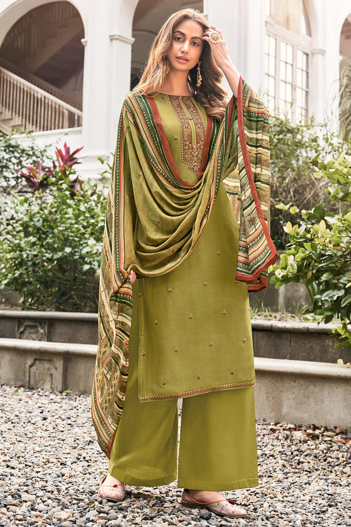 Embroidered Mehendi Green Color Function Wear Fancy Fabric Palazzo Suit